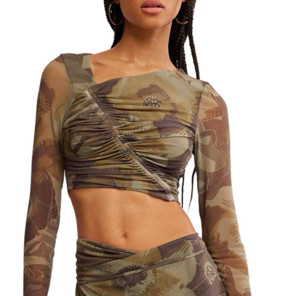 Free People Olive Floral Long Sleeve Top